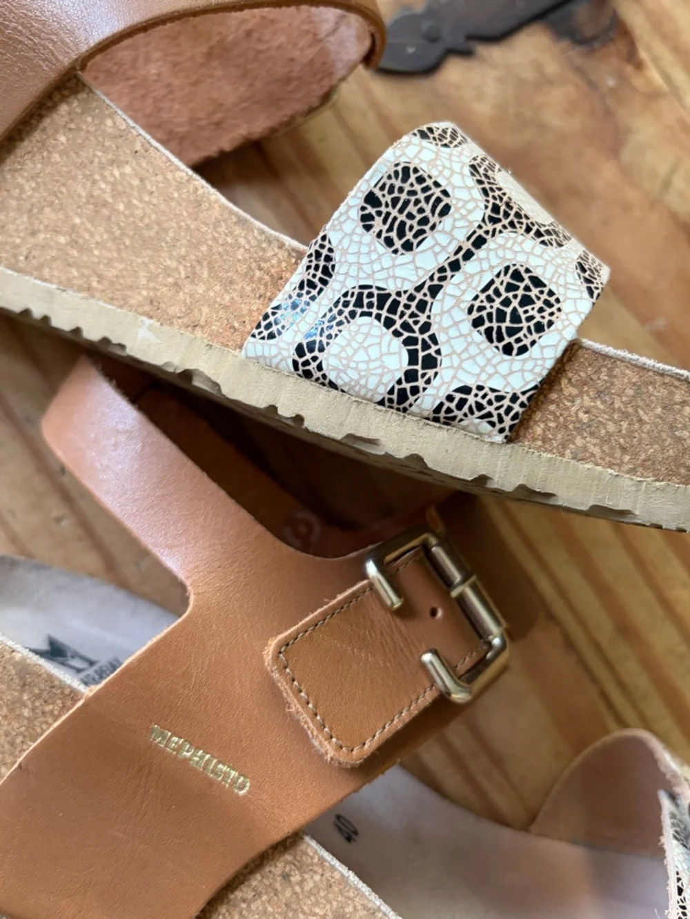 Mephisto Lissandra Cork Wedge Platform Sandals Leather Brown Cream Gold Size 10 - Picture 9 of 14